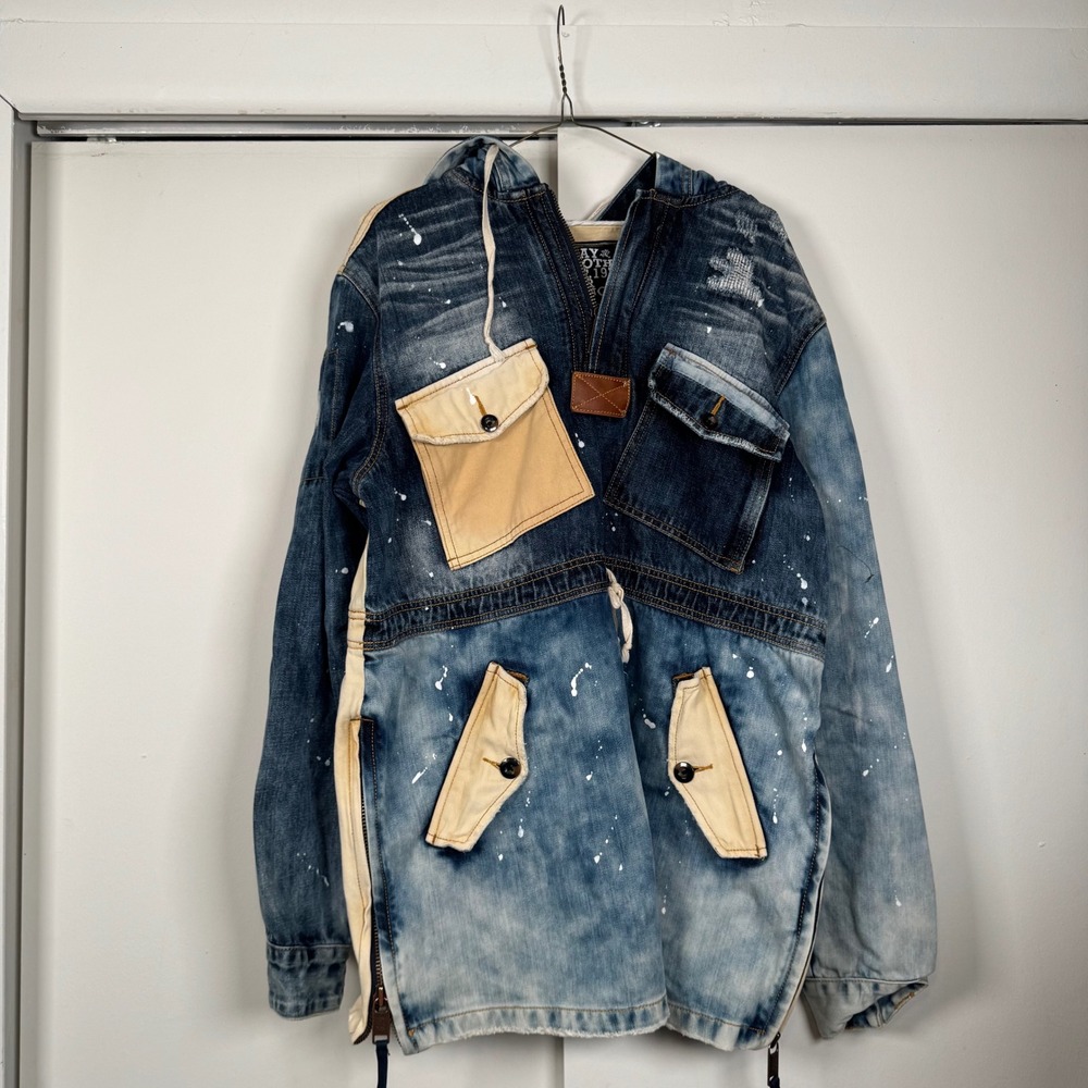 Play Cloths Mens Denim Anorak Jacket Blue Distressed Graphic Hooded Streetwear